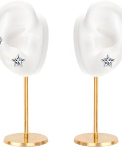 Ear Shaped Earring Display Stand, Piercing Stud Holder, Copper Round Base Silicone Body Mannequin Model Organizer, Navel Jewelry Rack for Girl Women Shows Birthday Wedding Decor (Left&Right, White)