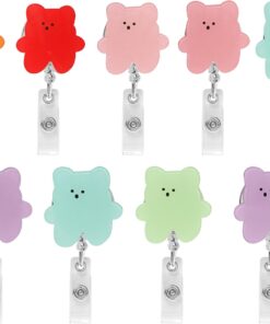 9PCS Bear Retractable Badge Reel Holder, Heavy Duty Strap for Belt, Nurse Specialist Teacher Student DIY ID Card Name Tag, Multicolored Cute Clear Blank Blue Acrylic Decorative Alligator Clip Kit Bulk