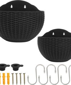 2pcs Semi Circle Hanging Wall Planter, Wall Mounted Half Round Flower Pot for Outdoor Indoor Decoration, Imitation Rattan Plastic Baskets Container with Hooks, Drainage, for Home Office Balcony Fence
