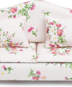 1:12 Scale Dollhouse Couch Sofa Set with Pillows for Living Room, Mini Wooden Upholstered Armchair Furniture Model, Modern High Simulation Fabric Artificial Scene Decoration Accessories, Pink Floral